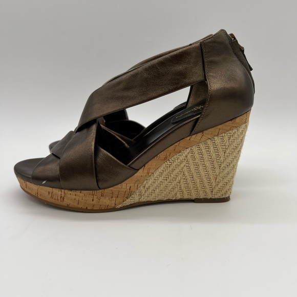 Cole Haan Wedge Sandals Metallic Bronze Leather Cork 7B Comfortable Shoes - Picture 3 of 16
